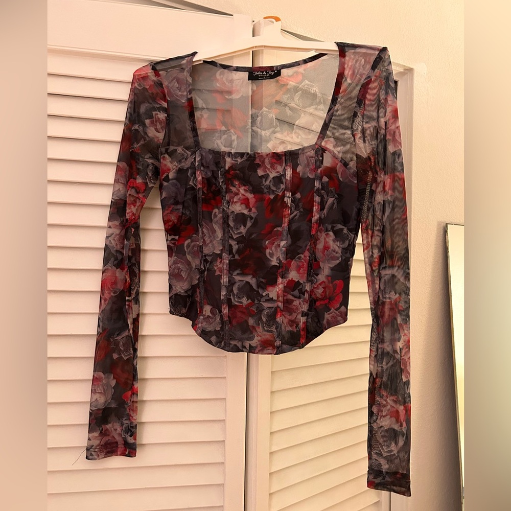 SHEIN Red and Black Floral Mesh Blouse